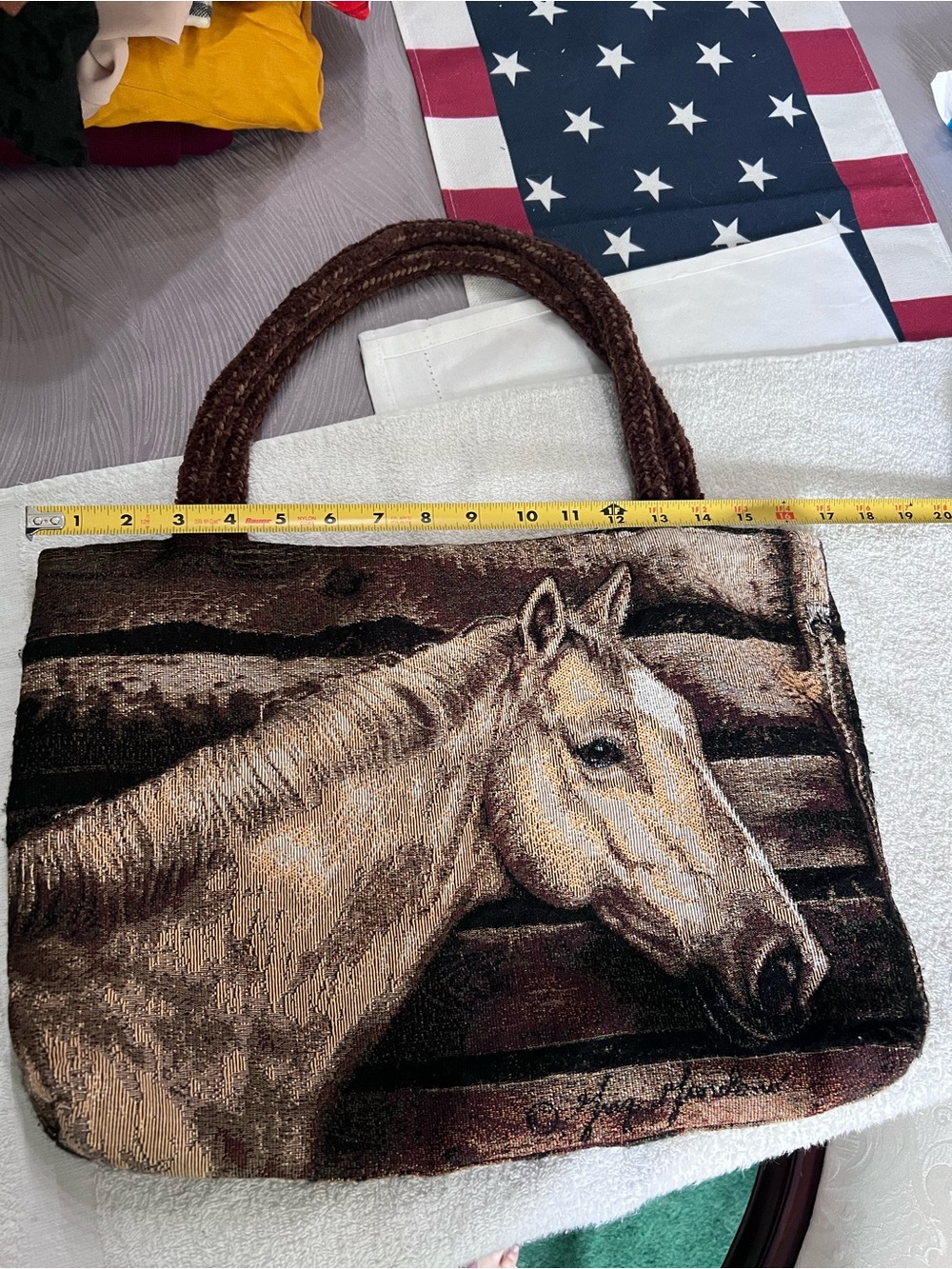 Vintage Horse Tapestry Tote Bag Brown Equestrian Braided Handles Lined 2-Sided